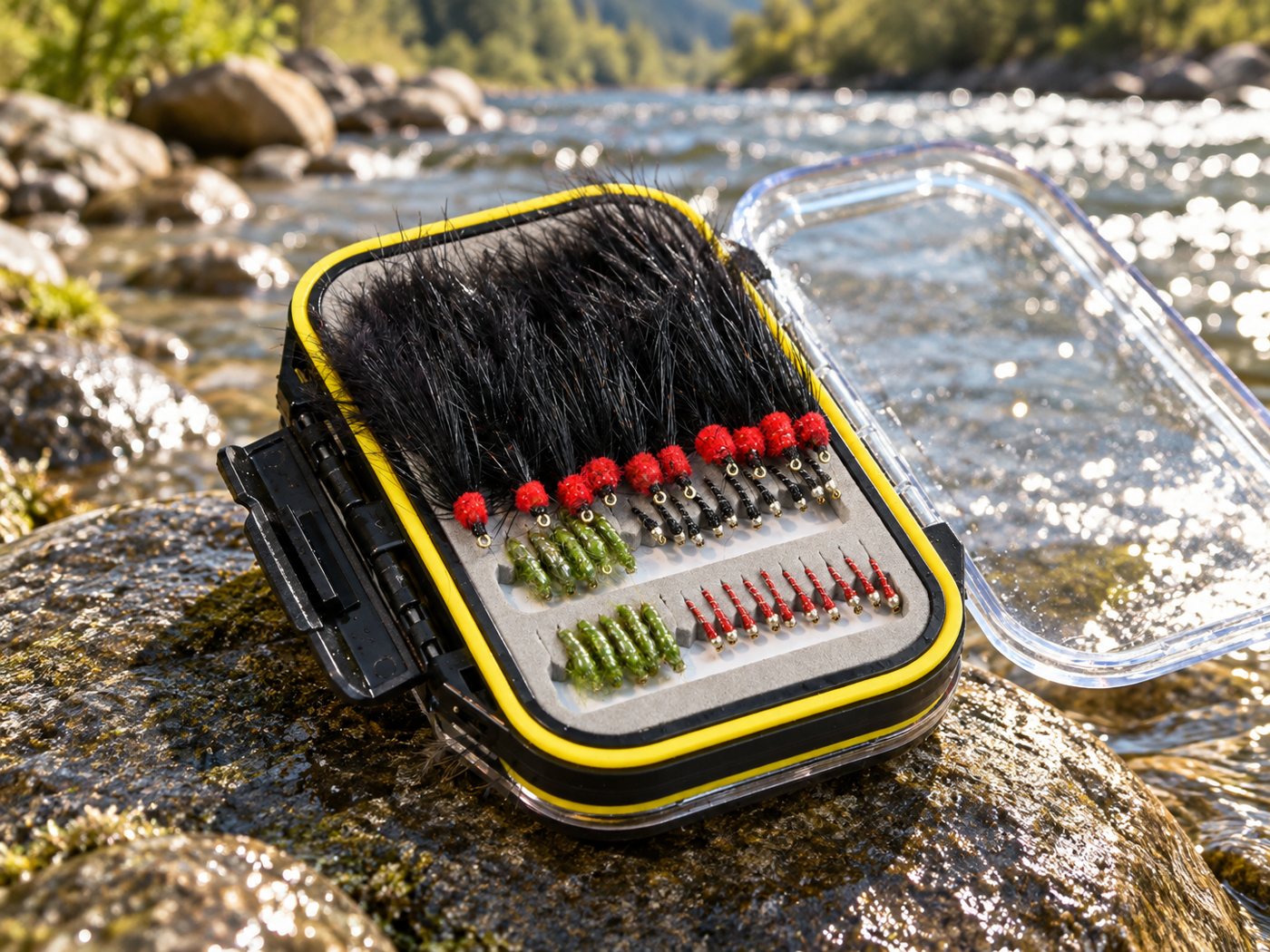 The Lake & Wet Fly Box, open on the river