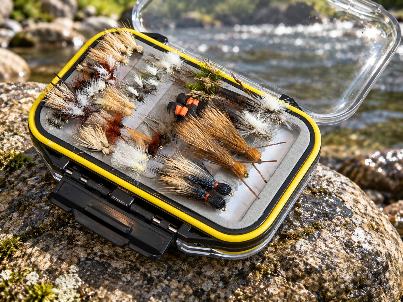 The Ultimate Fly Box, open on the river